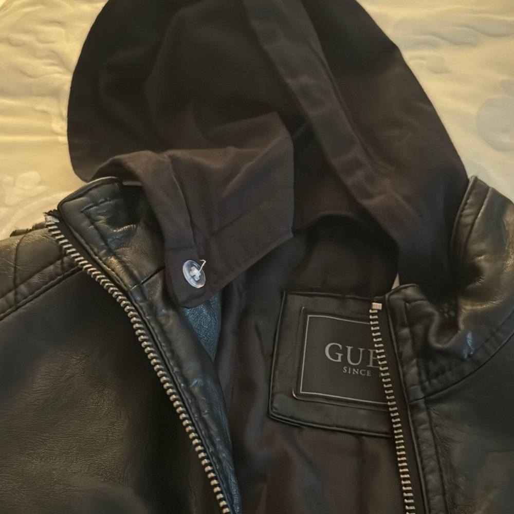 Guess Black Leather Hooded Jacket
